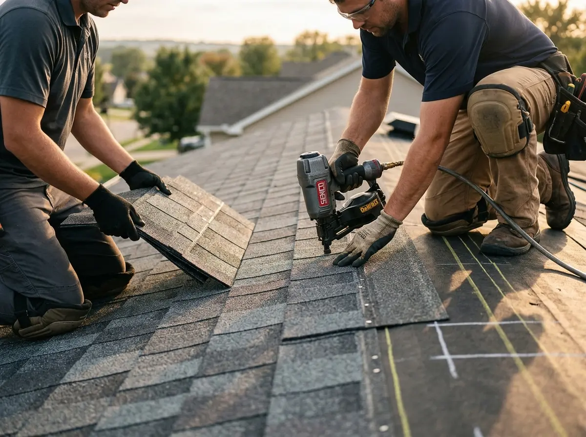 Professional roofer working on a residential roof in Hockessin